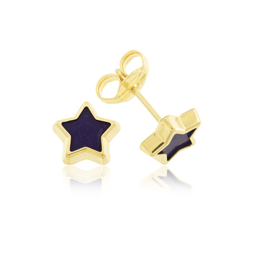 14K - PENDIENTES ESTRELLA (7mm) CON PIEDRA AZUL. CIERRE PRESION