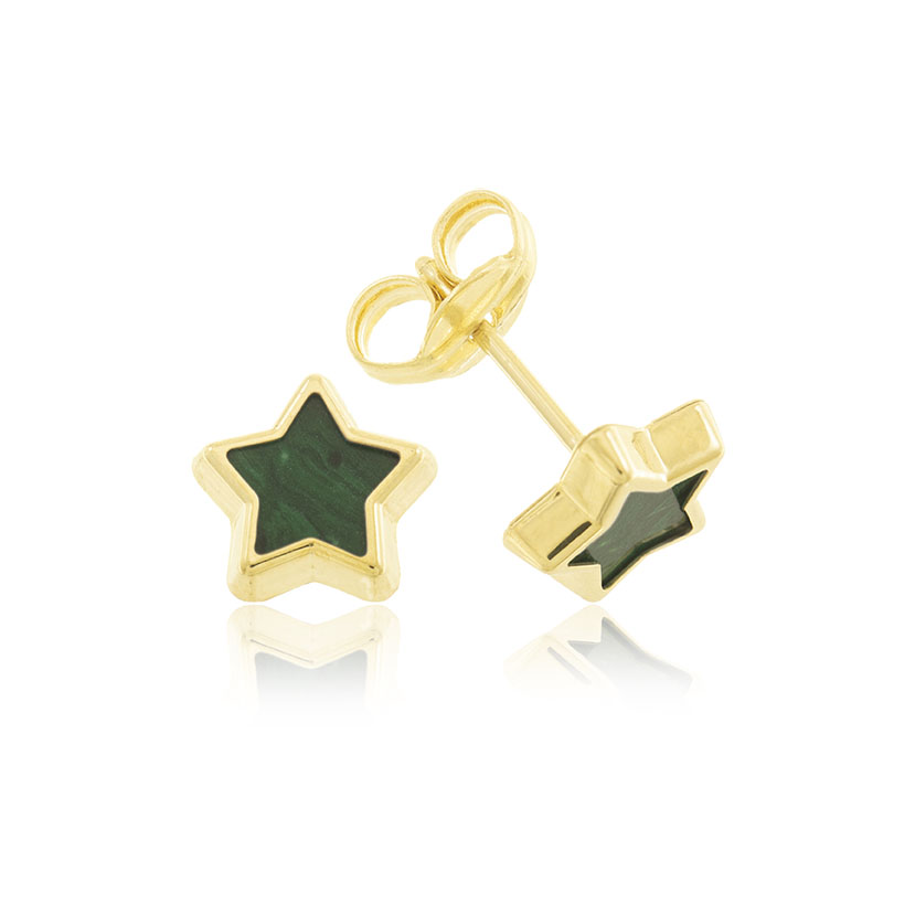 14K - PENDIENTES ESTRELLA (7mm) CON PIEDRA VERDE. CIERRE PRESION