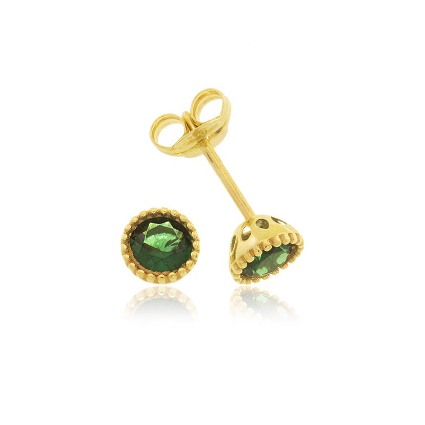 18K - PENDIENTES GRAFILADO REDONDO 4mm CIRCONITA COLOR ESMERALDA