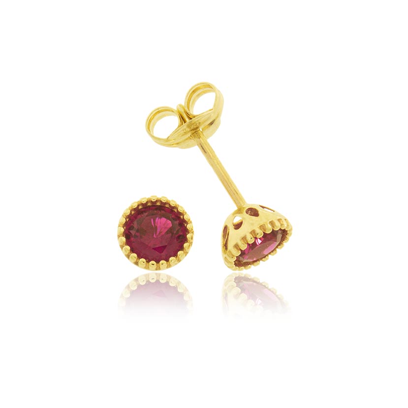 14K - PENDIENTES GRAFILADO REDONDO 4mm CIRCONITA COLOR RUBI