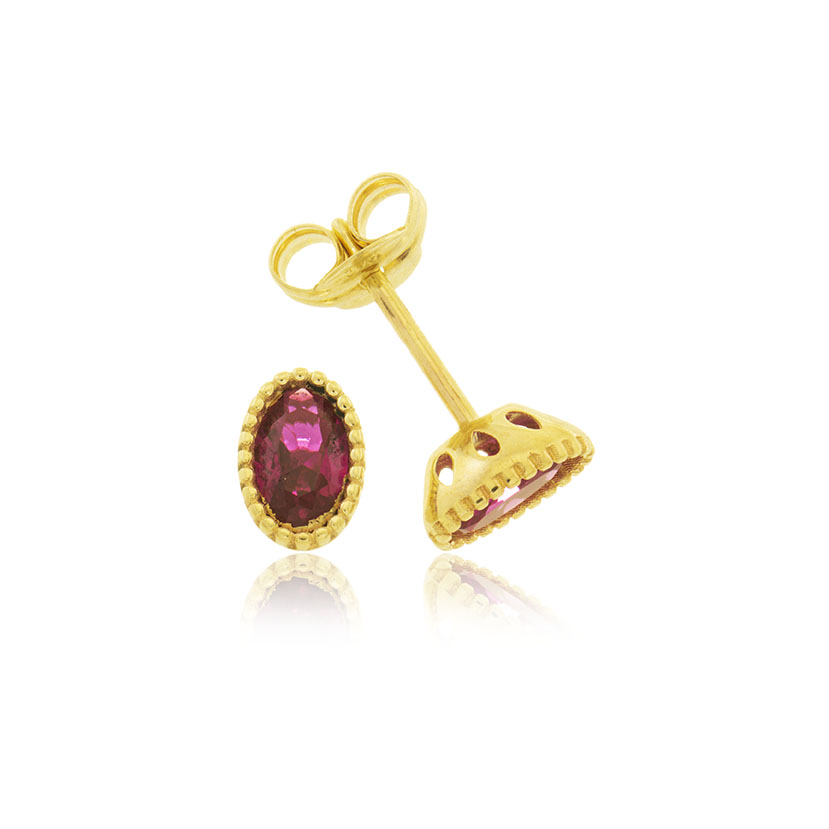 18K - PENDIENTES OVAL GRAFILADO 5x7mm CIRCONITA COLOR RUBI