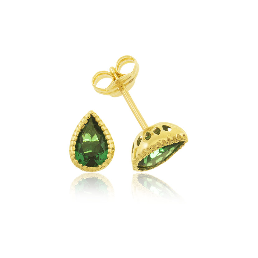 18K- PENDIENTES LAGRIMA GRAFILADO 7x5mm CON NANO VERDE SINTETICO