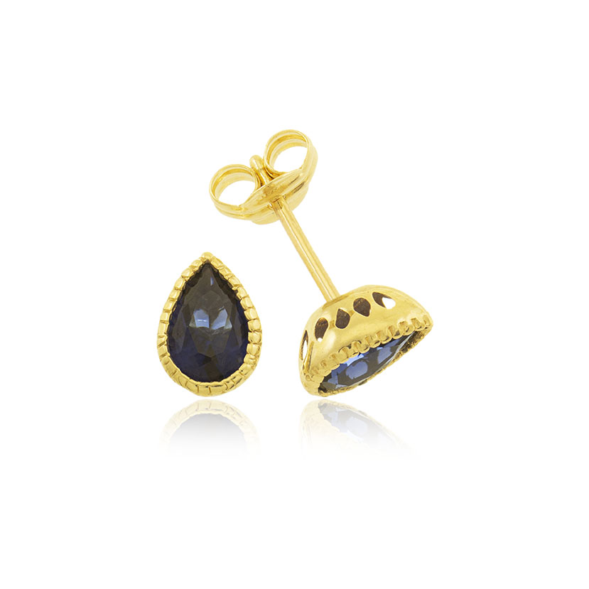 18K-PENDIENTES LAGRIMA GRAFILADO 7x5mm CON NANO ZAFIRO SINTETICO