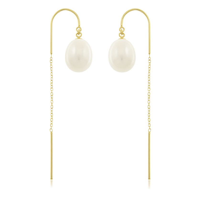 18K - PENDIENTES LARGOS CON ARCO Y 2 PERLAS OVALES (9x11mm)