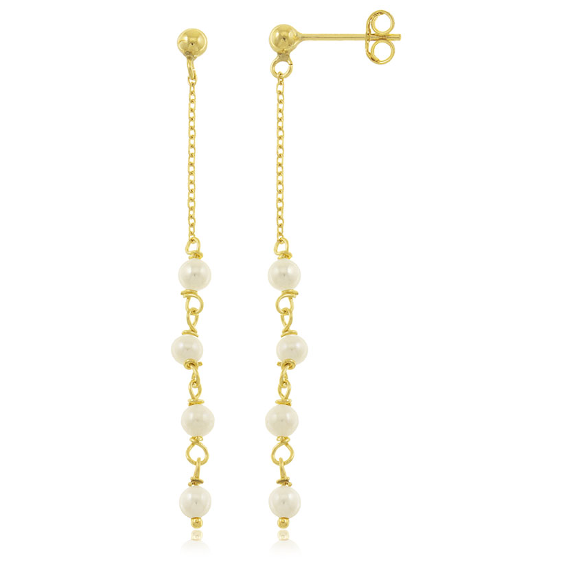 18K - PENDIENTES LARGOS CON BOLAS ORO 3mm + CADENA Y PERLAS 3mm