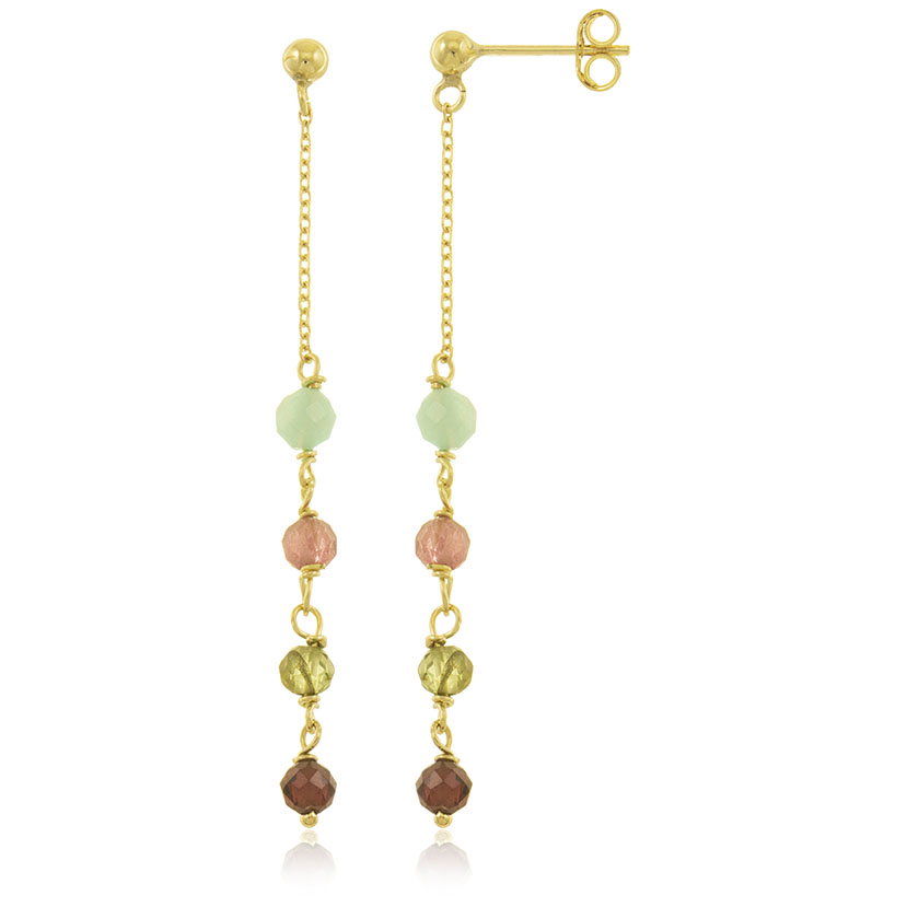 14K - PENDIENTES LARGOS CON BOLAS ORO 3mm + CADENA Y PIEDRAS 3mm