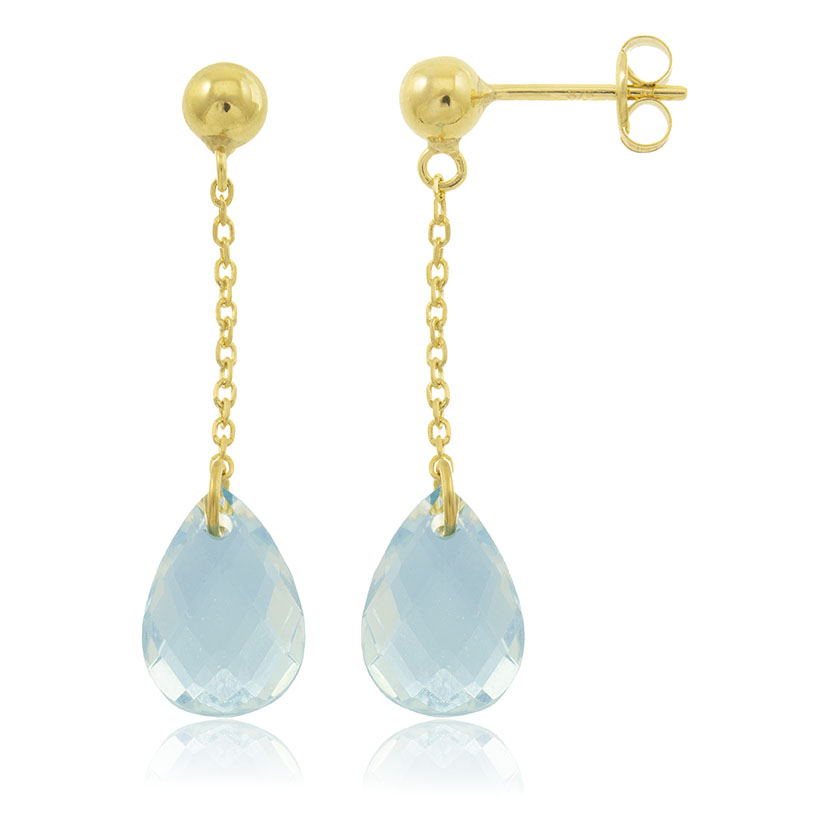18K - PENDIENTES LARGOS BOLAS ORO + BRIOLET LAGRIMA COLOR AGUA