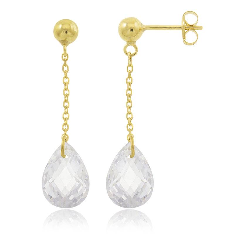 18K - PENDIENTES LARGOS BOLAS ORO + PIEDRA BRIOLET LAGRIMA