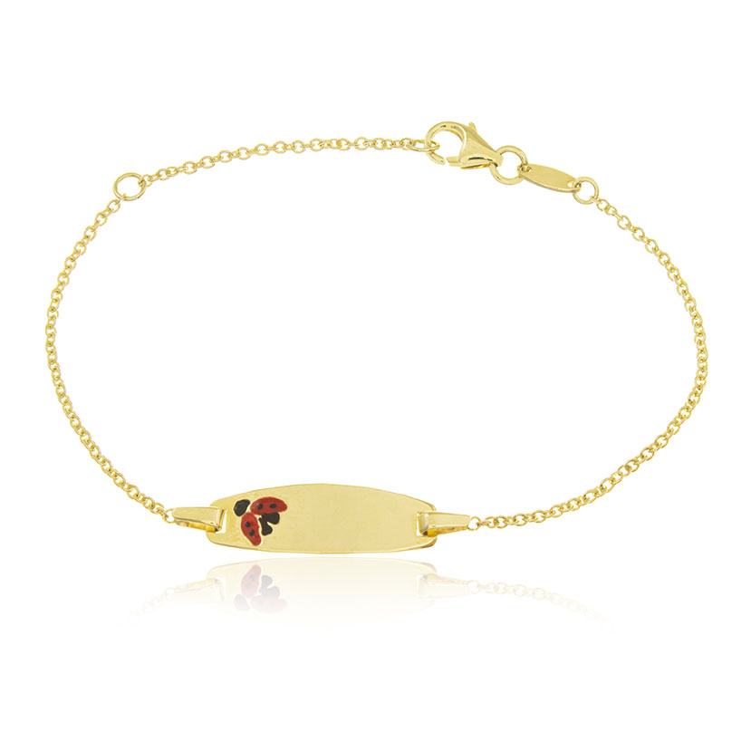 18K - PULSERA CON CHAPA OVAL LISA (19x6mm) Y MARIQUITA ESMALTE