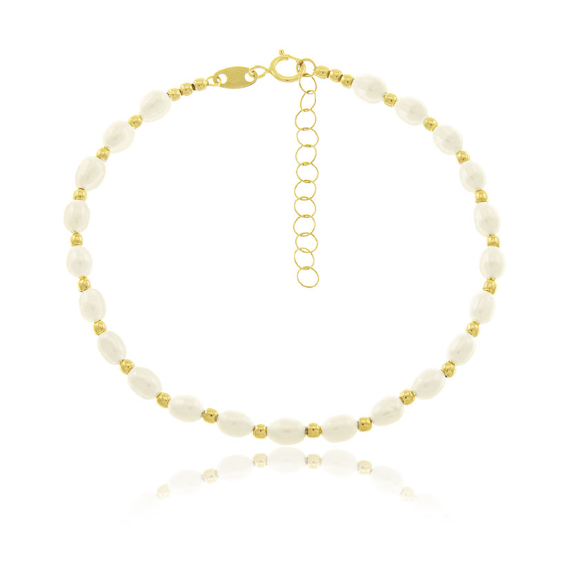14K - PULSERA CON 22 PERLAS 3.5x4.5mm + 27 BOLAS ORO PASADAS 2mm