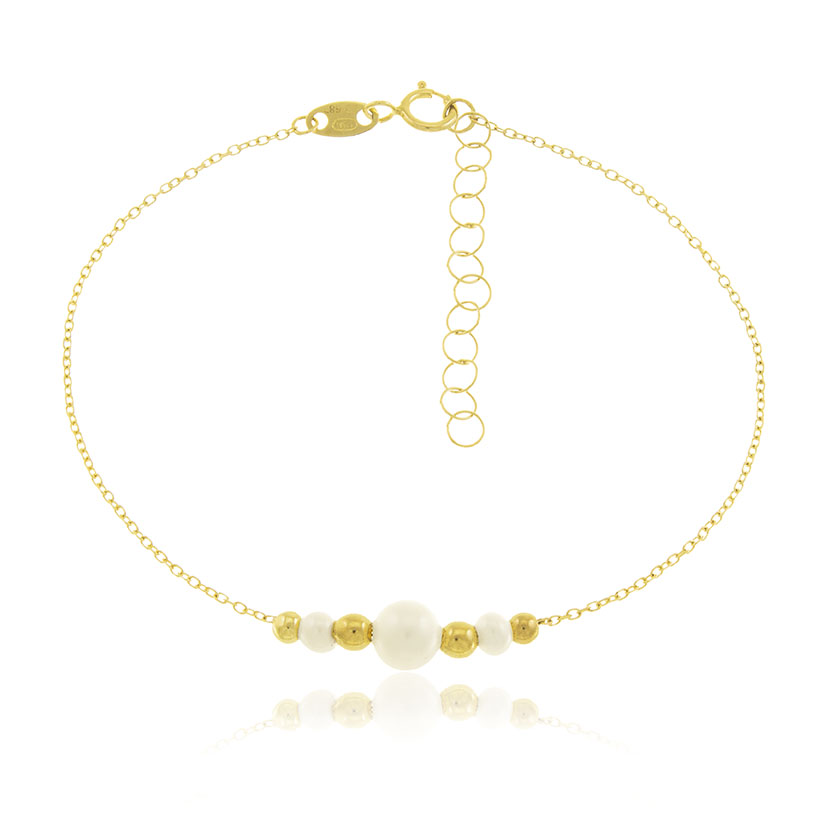 18K - PULSERA CON 4 BOLAS ORO LISAS + 3 PERLAS