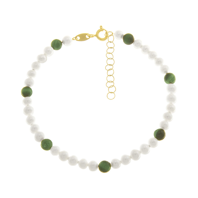 14K - PULSERA CON 32 PERLAS + 7 BOLAS MALAQUITAS NATURALES