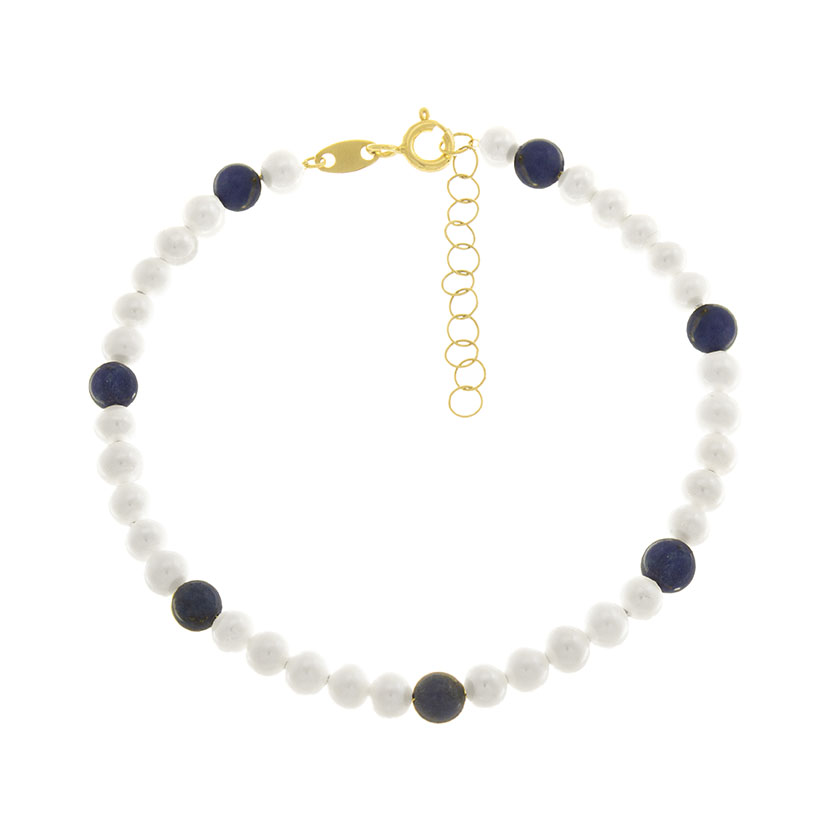 18K - PULSERA CON 32 PERLAS + 7 BOLAS LAPISLAZULI NATURALES