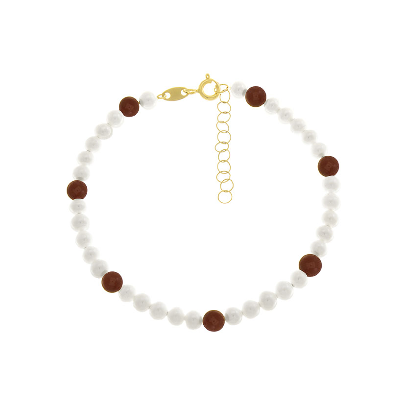 18K - PULSERA CON 32 PERLAS + 7 BOLAS CORAL RECONSTITUIDO