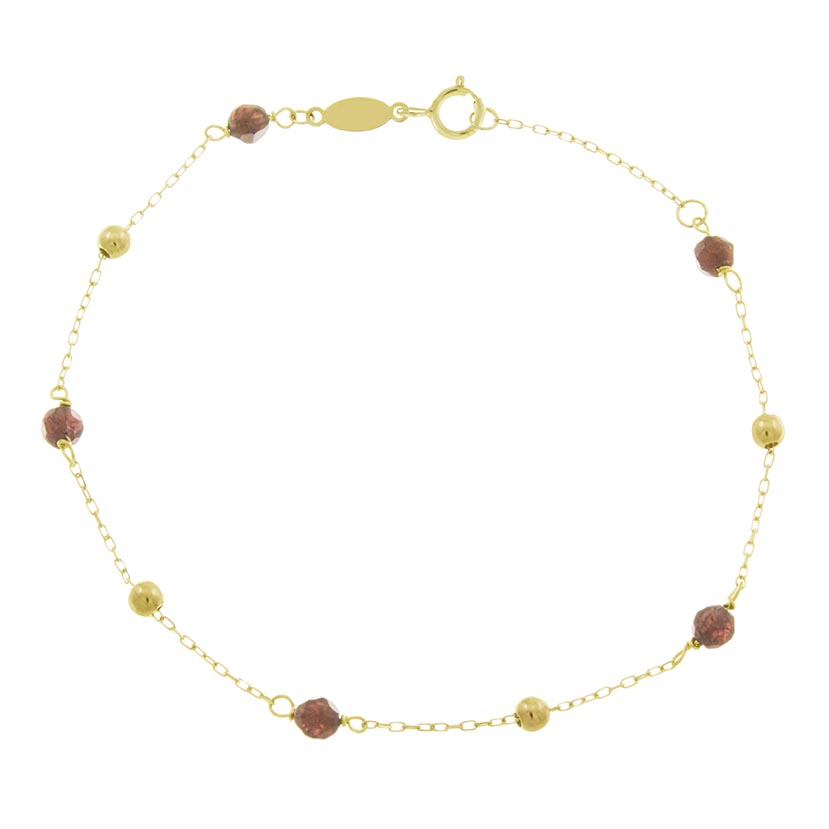 18K- PULSERA CON 5 PIEDRAS NATURALES GRANATE + 4 BOLAS ORO LISAS